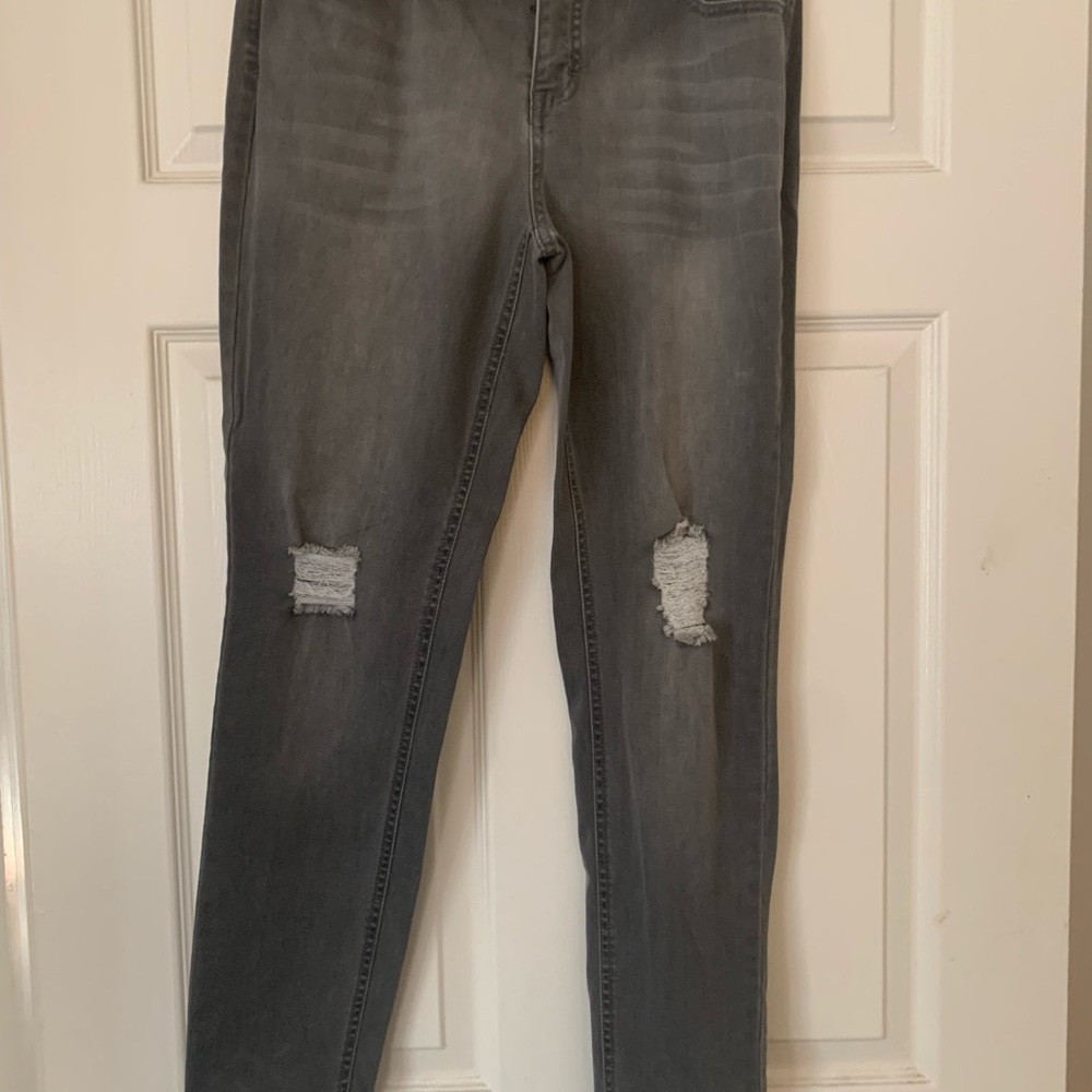Lisa Rinna Collection Gray Straight Leg Jeans with Distressed Details